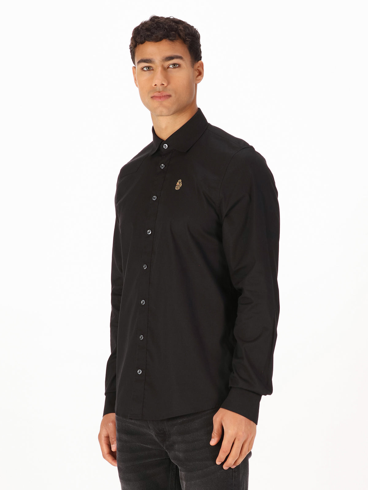 Men's black shirt with button-up front.