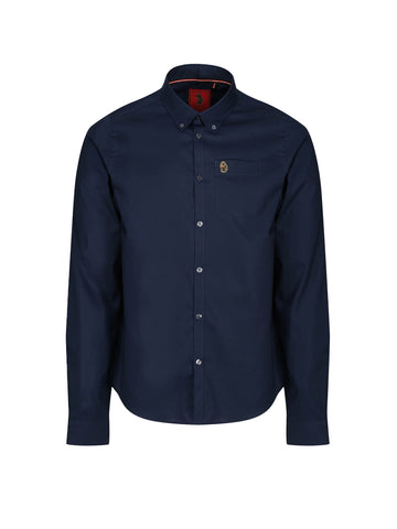 Men's navy shirt with button-up front.
