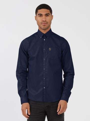 Men's navy shirt with button-up front.