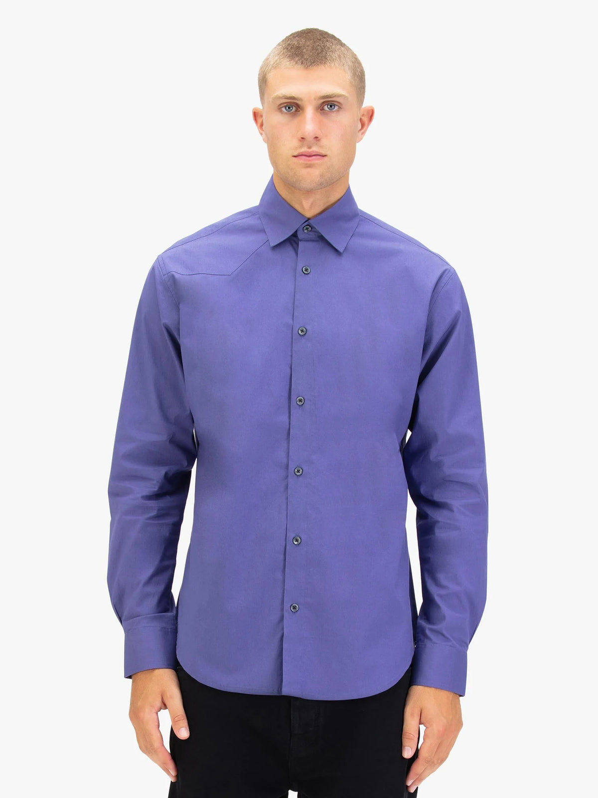 Men's purple shirt with button-up front.