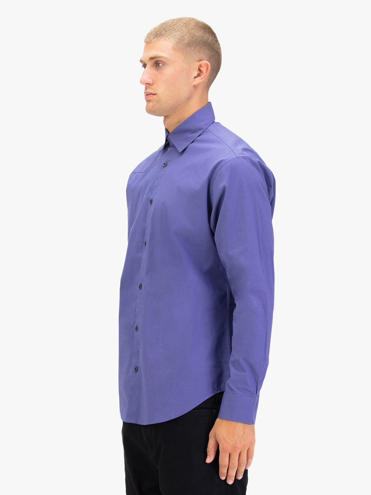 Men's purple shirt with button-up front.