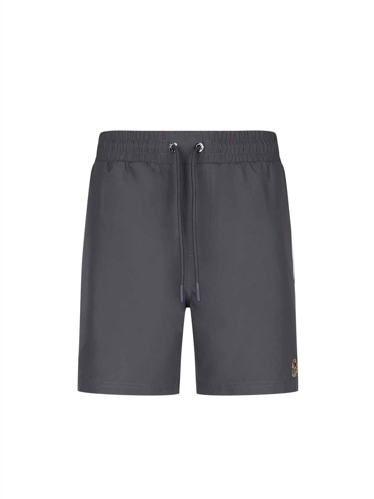 Men's grey swim shorts with drawstring waistband, front view
