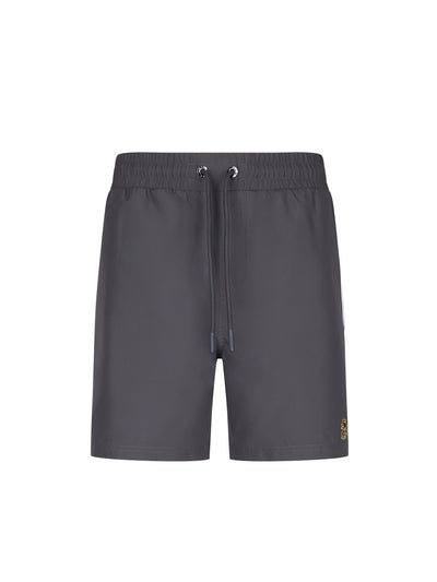 Men's grey swim shorts with drawstring waistband, front view