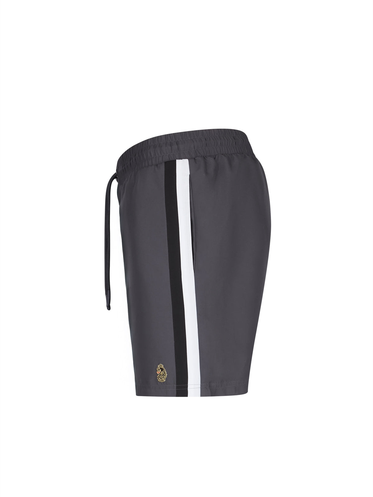 Men's grey swim shorts with drawstring waistband, side view