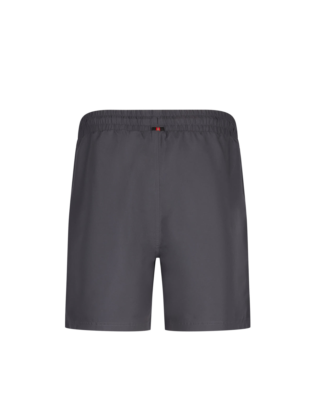 Men's grey swim shorts with drawstring waistband, back view