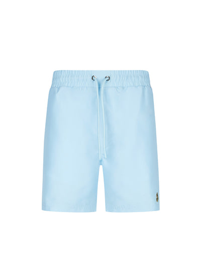 Men's blue-1 swim shorts with drawstring waistband, front view