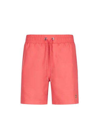 Men's red swim shorts with drawstring waistband, front view