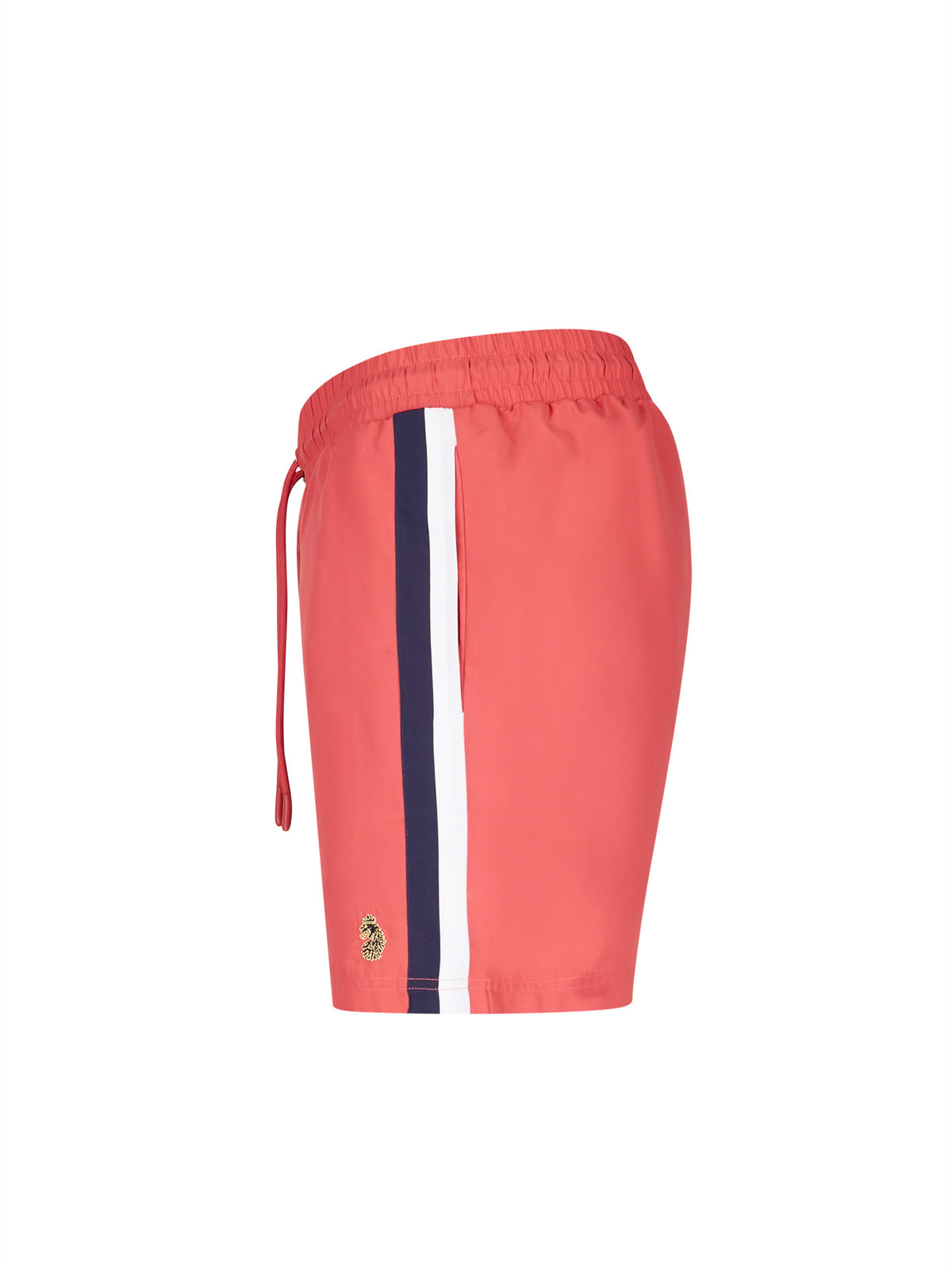 Men's red swim shorts with drawstring waistband, side view