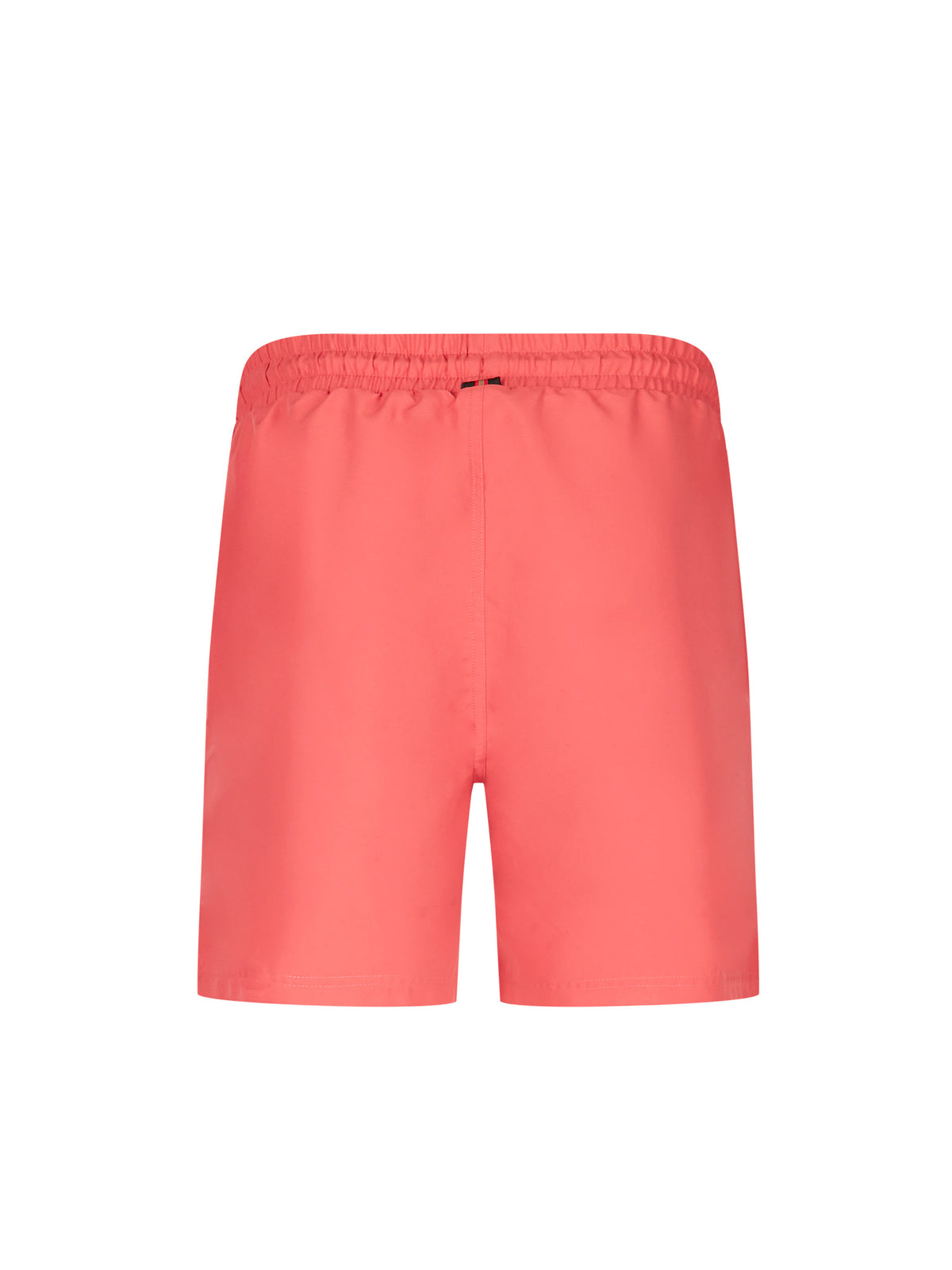 Men's red swim shorts with drawstring waistband, back view