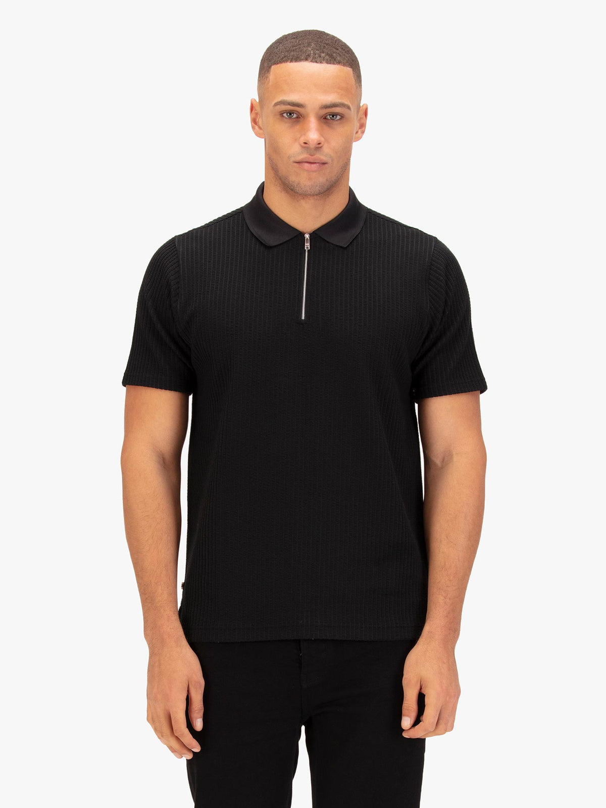 Men's black polo shirt with polo collar.