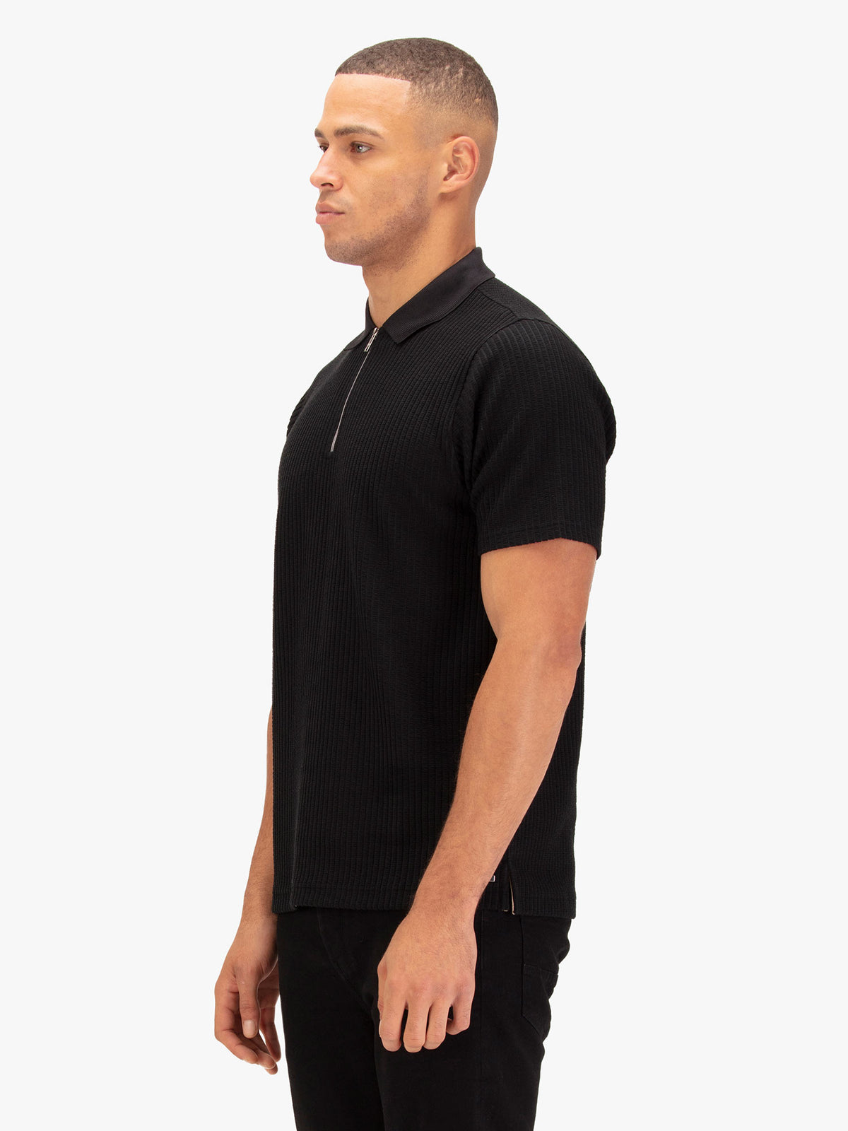 Men's black polo shirt with polo collar.