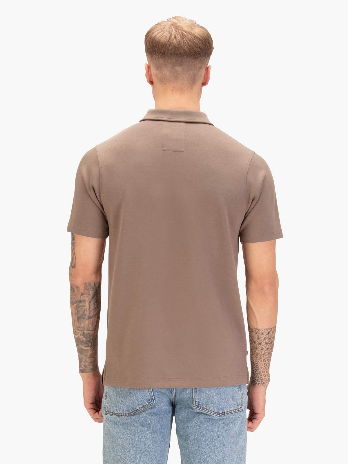 Men's brown polo shirt with polo collar, worn by a model, back view