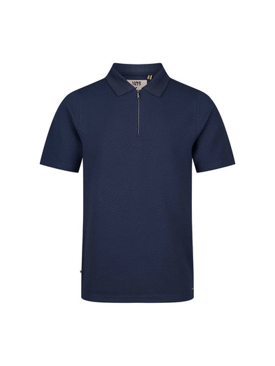 Men's navy polo shirt with zip collar, front view