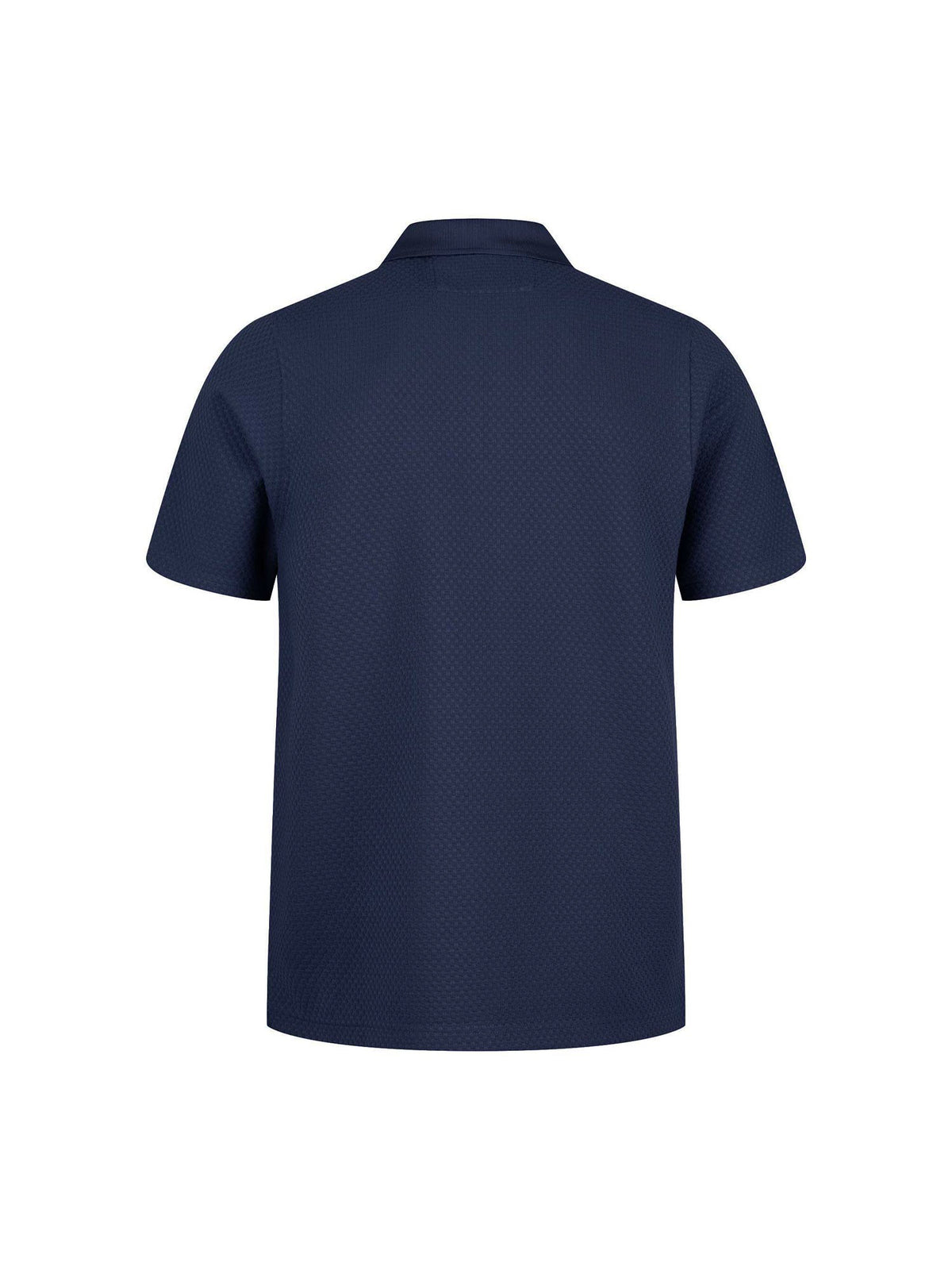 Men's navy polo shirt with zip collar, back view