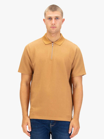 Men's orange polo shirt with polo collar.
