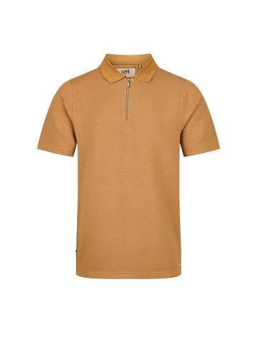 Men's orange polo shirt with polo collar.
