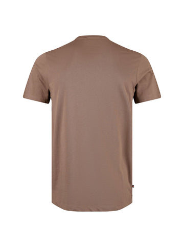 Boy's brown t-shirt with crew neck and jersey, back view