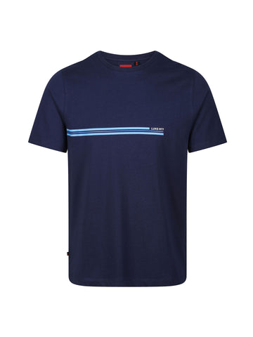 Boy's navy t-shirt with crew neck and jersey, front view