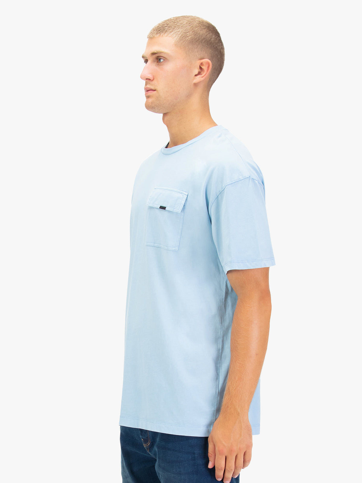 Men's blue t-shirt with crew neck and short sleeves.