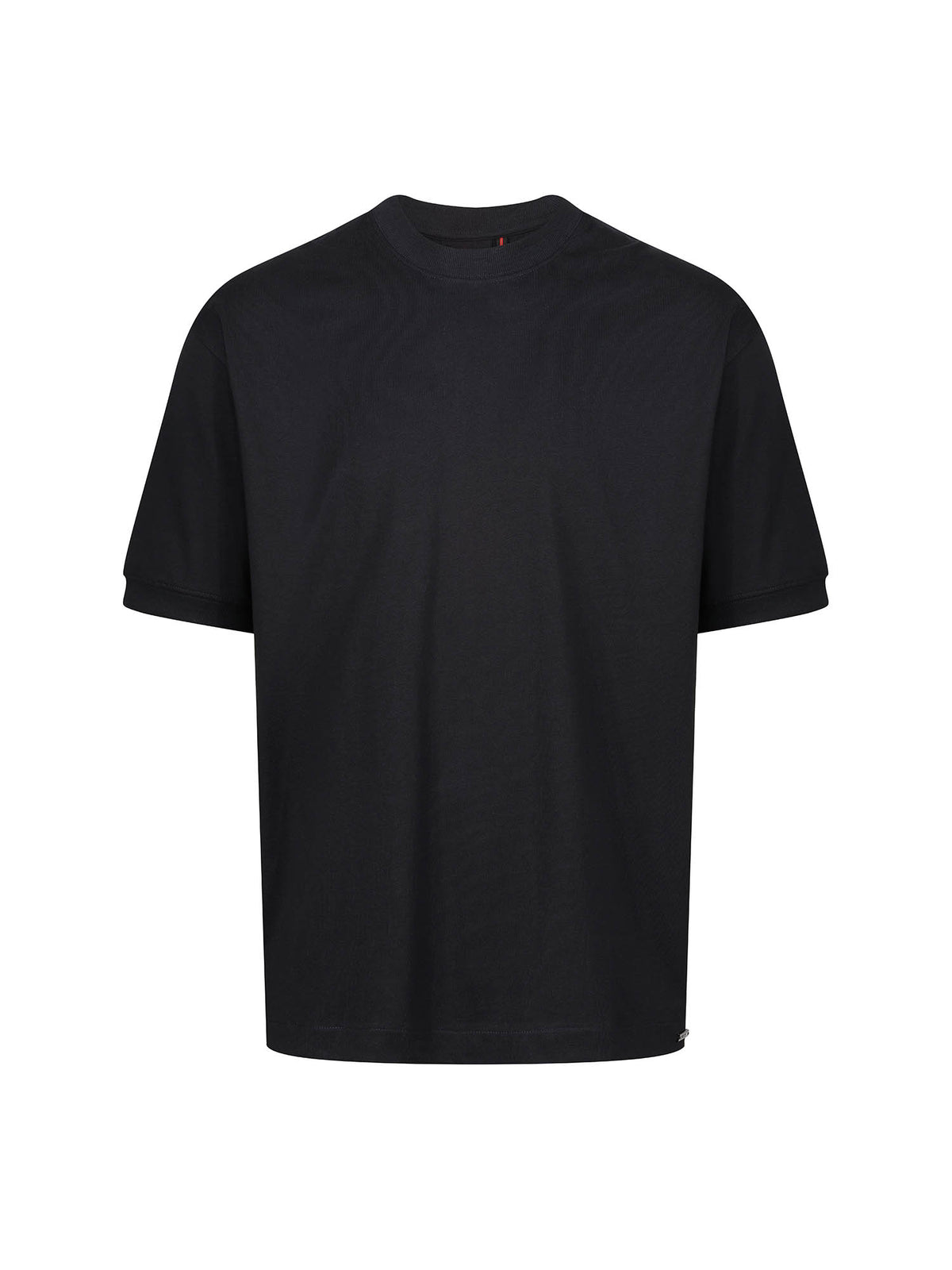 Men's black t-shirt with crew neck and short sleeves - front view.