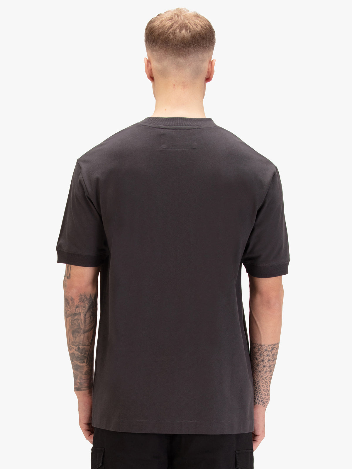 Men's relaxed-fit grey t-shirt with crew neck and short sleeves, worn by a model, back view