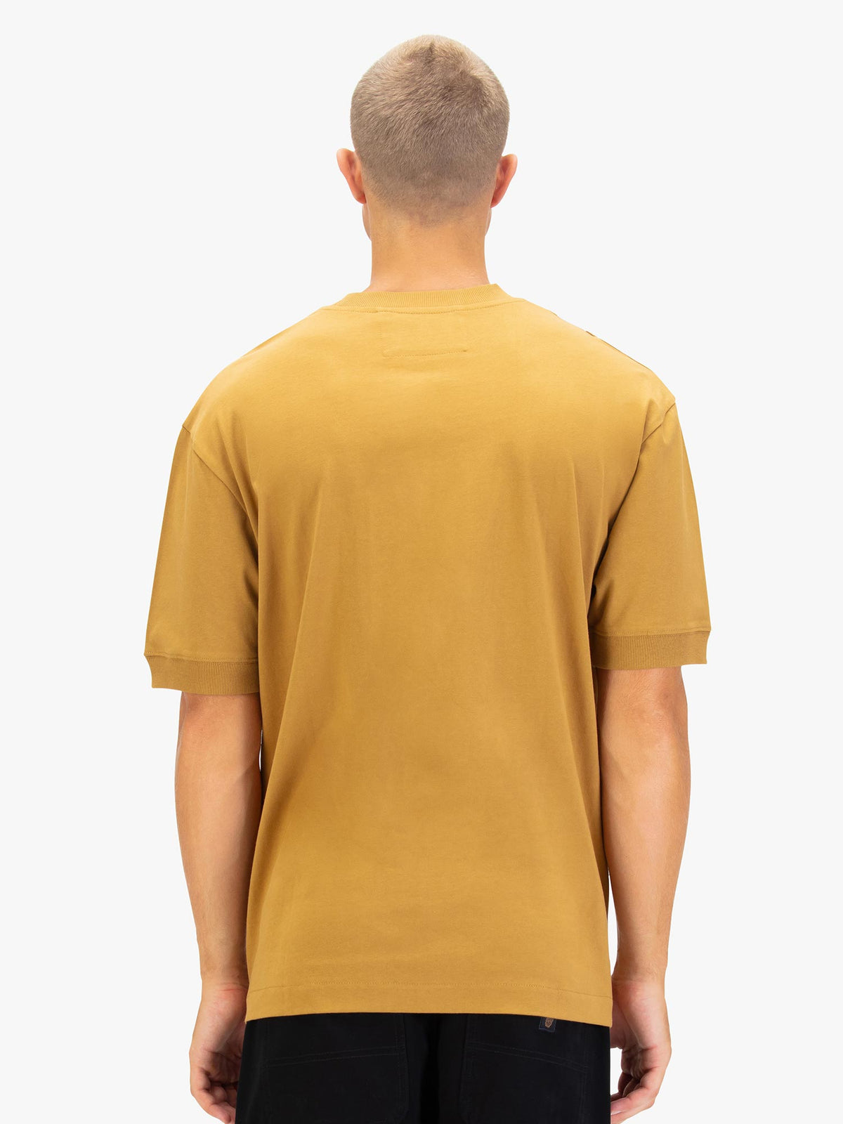 Men's orange t-shirt with crew neck and short sleeves worn by a model - back view.