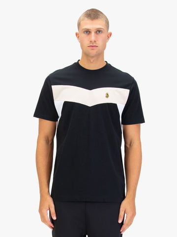 Men's black t-shirt with crew neck and short sleeves, worn by a model, front view