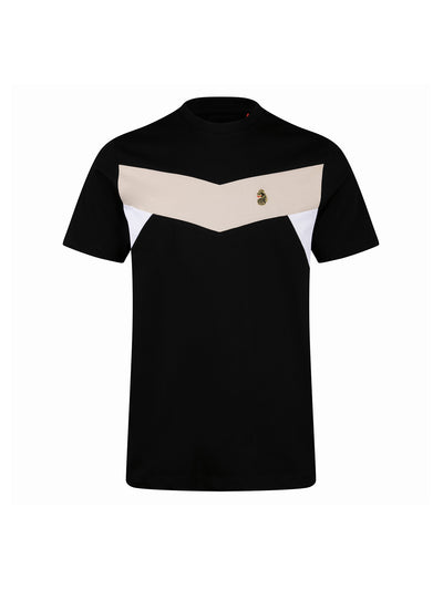 Men's black t-shirt with crew neck and short sleeves, front view