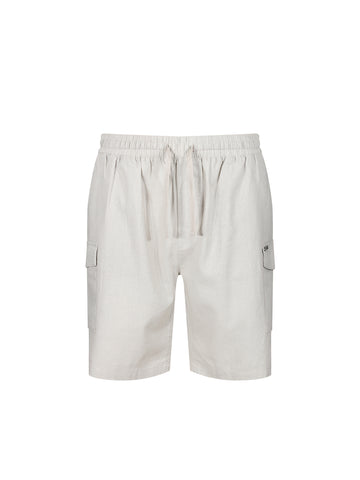 Men's beige shorts with drawstring waistband.