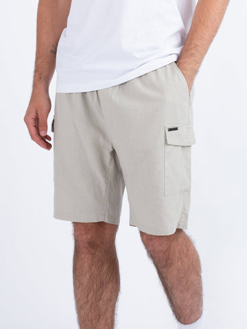 Men's beige shorts with drawstring waistband.
