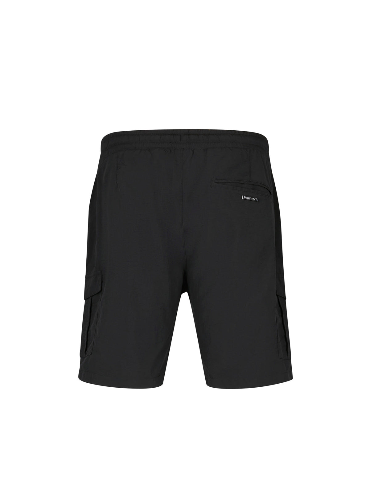 Men's black shorts with elasticated waistband, back view