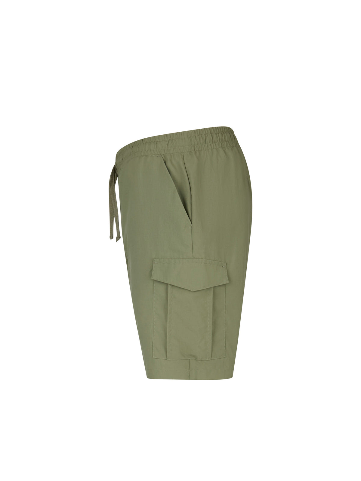 Men's green shorts with elasticated waistband, side view
