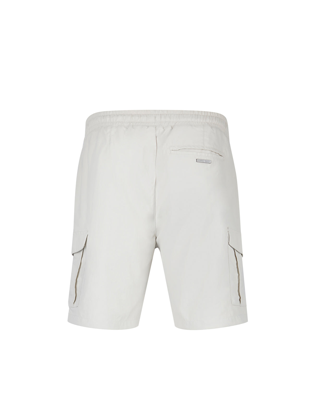 Men's grey shorts with elasticated waistband, back view