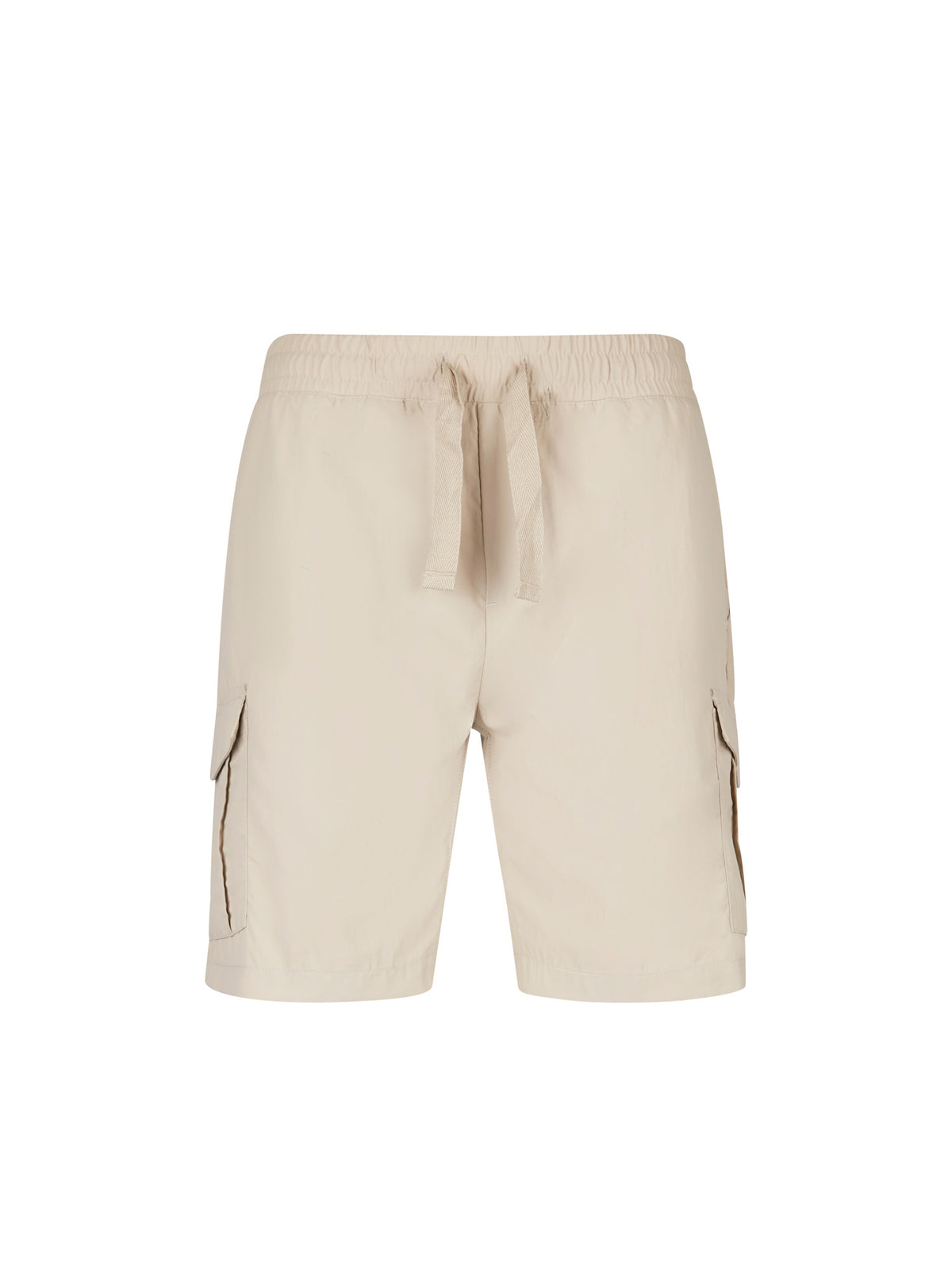 Men's beige shorts with elasticated waistband, front view