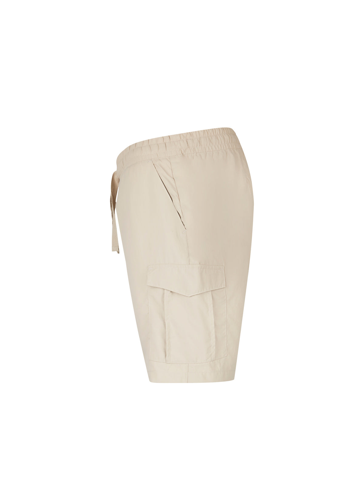 Men's beige shorts with elasticated waistband, side view