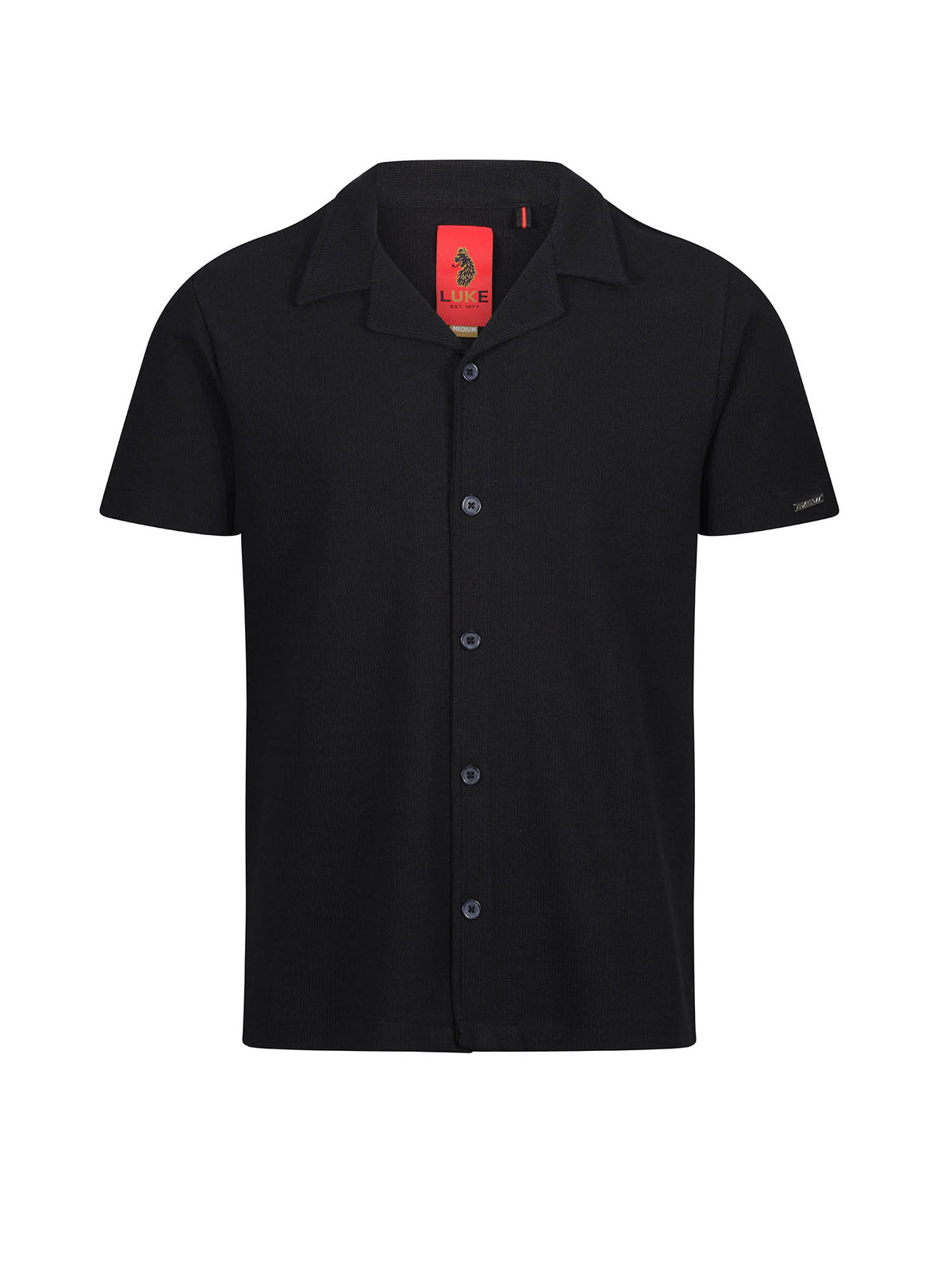 Men's black shirt with button-up front.
