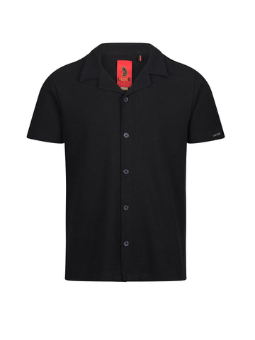 Men's black shirt with button-up front.