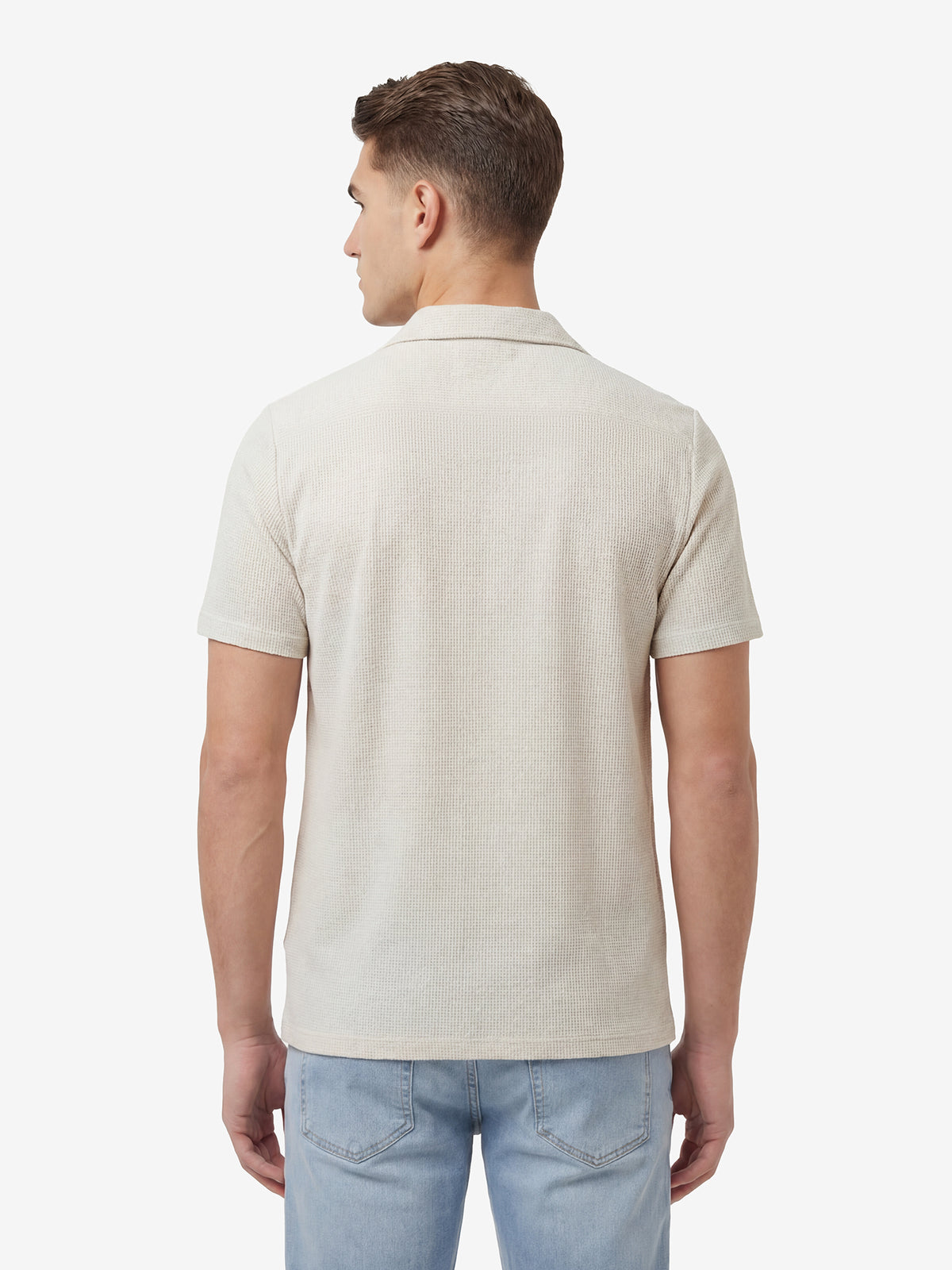 Men's grey shirt with Cuban collar and button-up front, back view