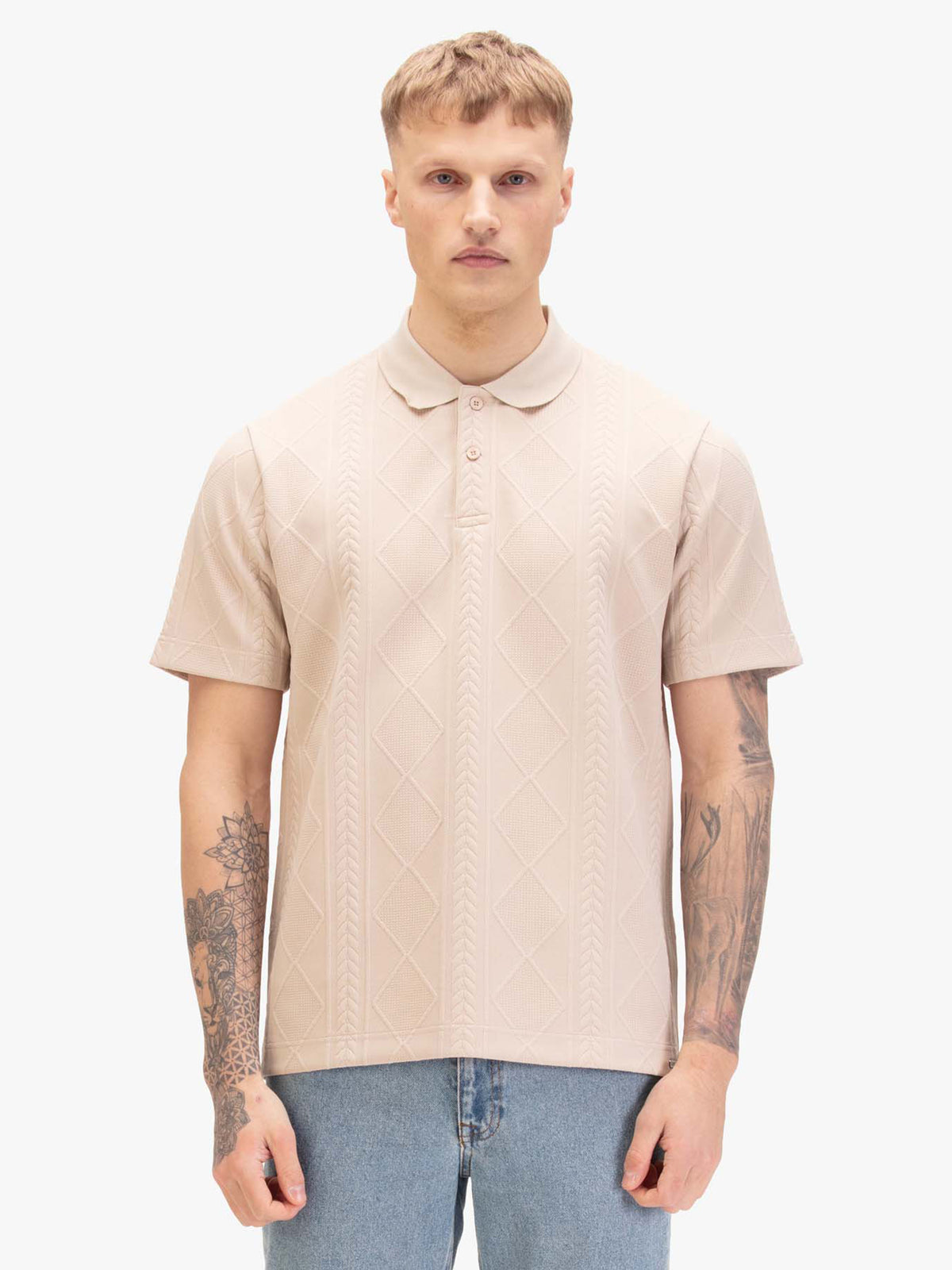 Men's beige polo shirt with polo collar, worn by a model, front view