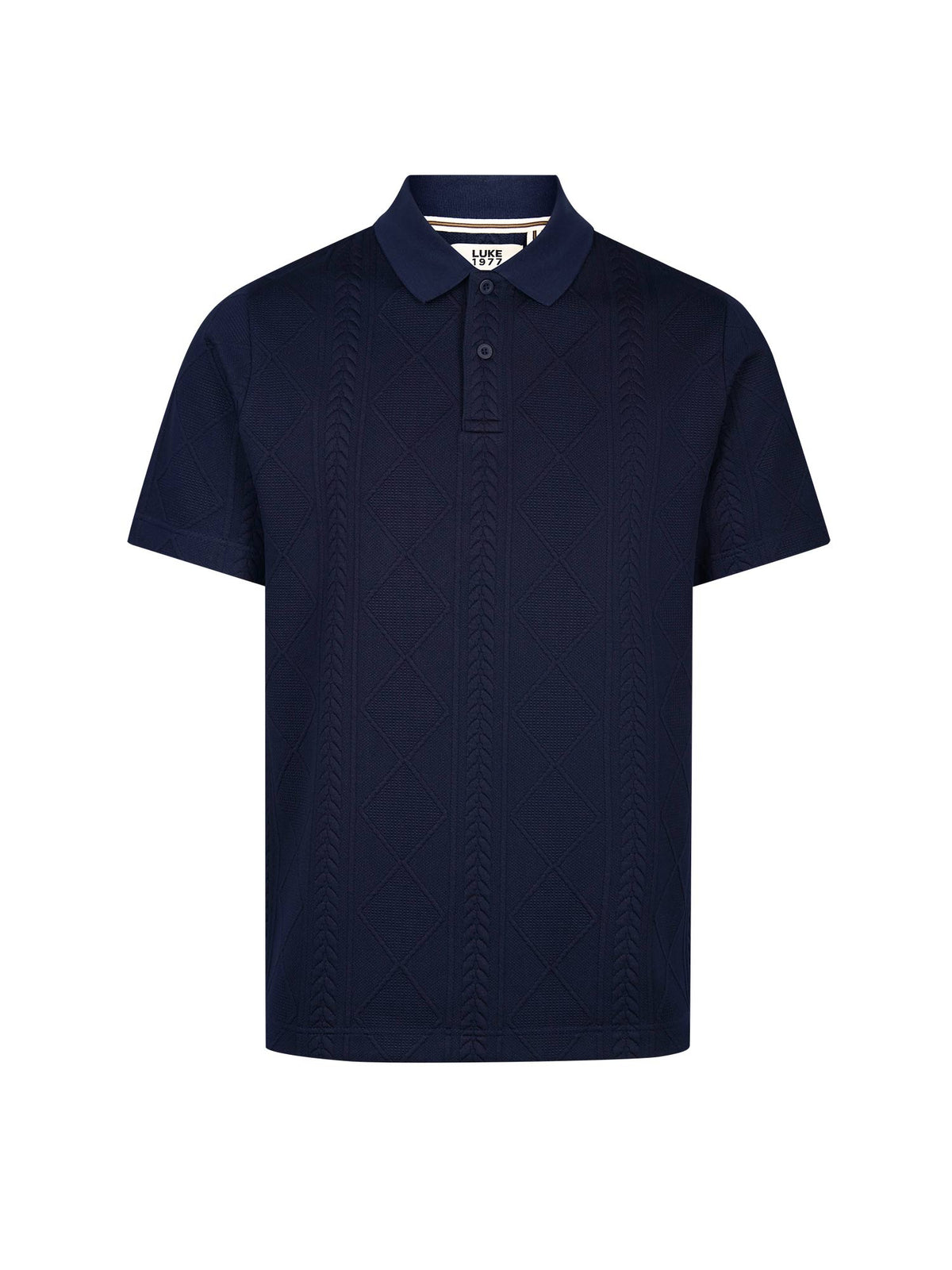 Men's navy polo shirt with polo collar, front view
