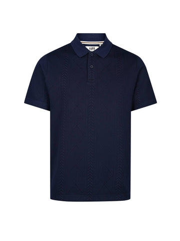 Men's navy polo shirt with polo collar, front view