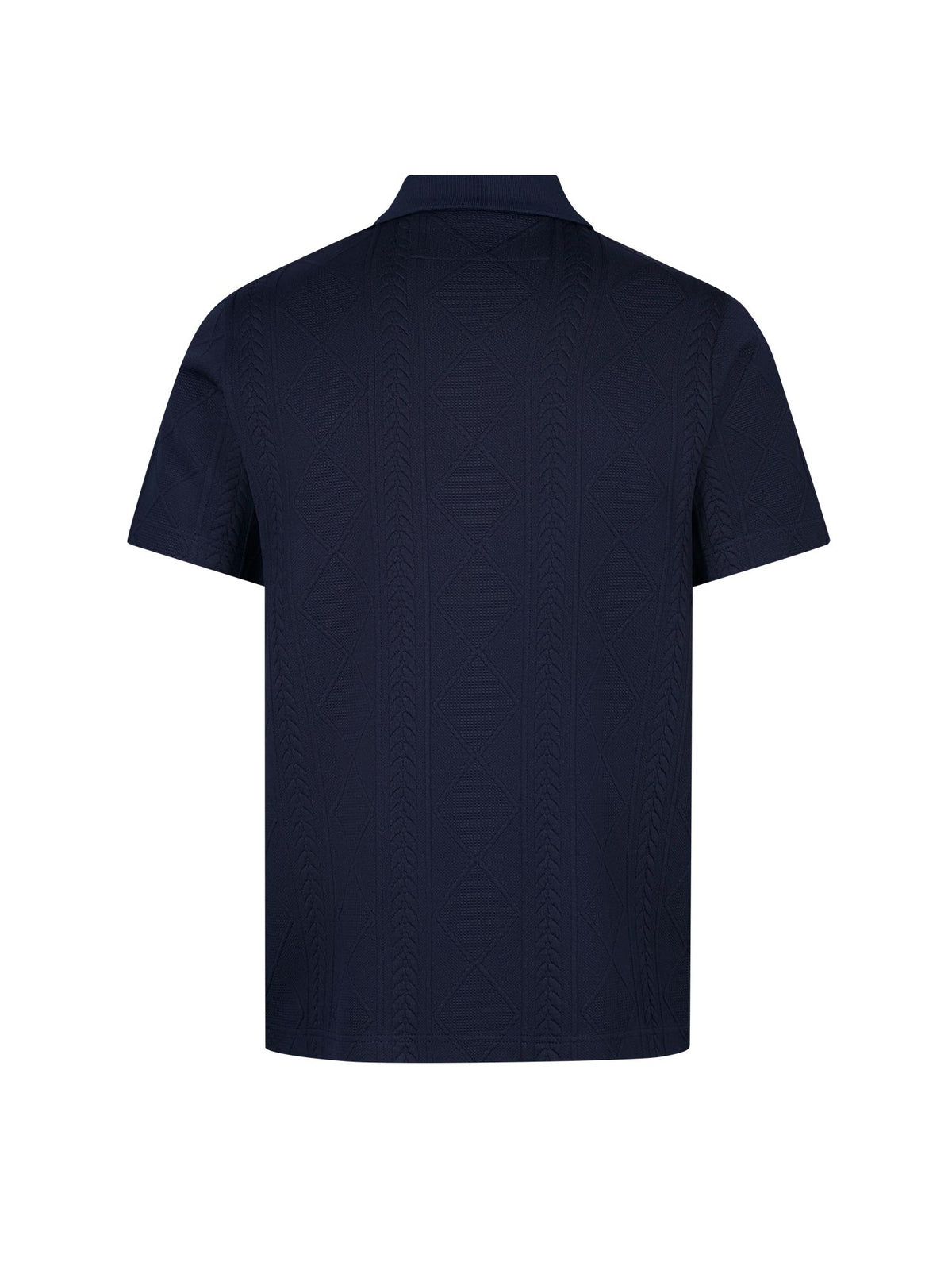 Men's navy polo shirt with polo collar, back view