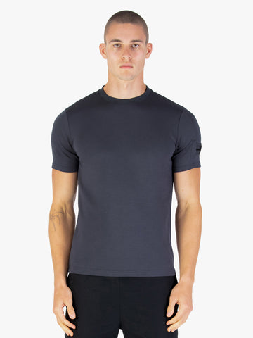 Men's grey t-shirt with crew neck and short sleeves worn by a model - front view.