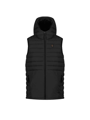 Boy's black gilet with zip and hooded, front view