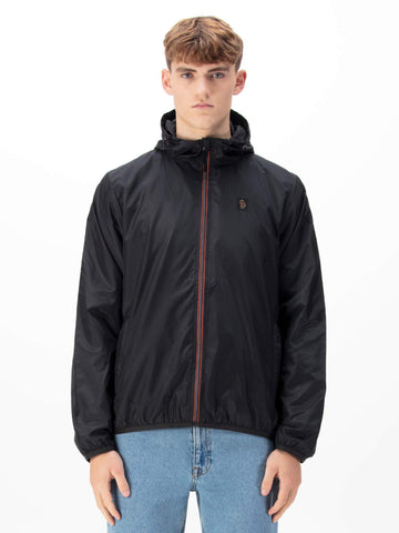Men's black jacket with zip-up front.