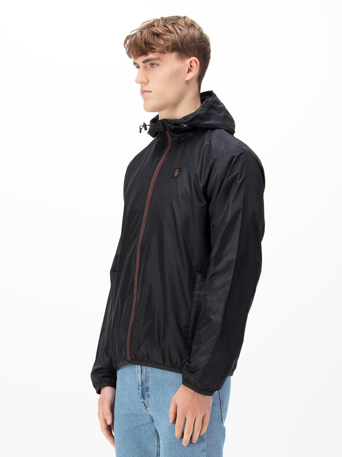 Men's black jacket with zip-up front.