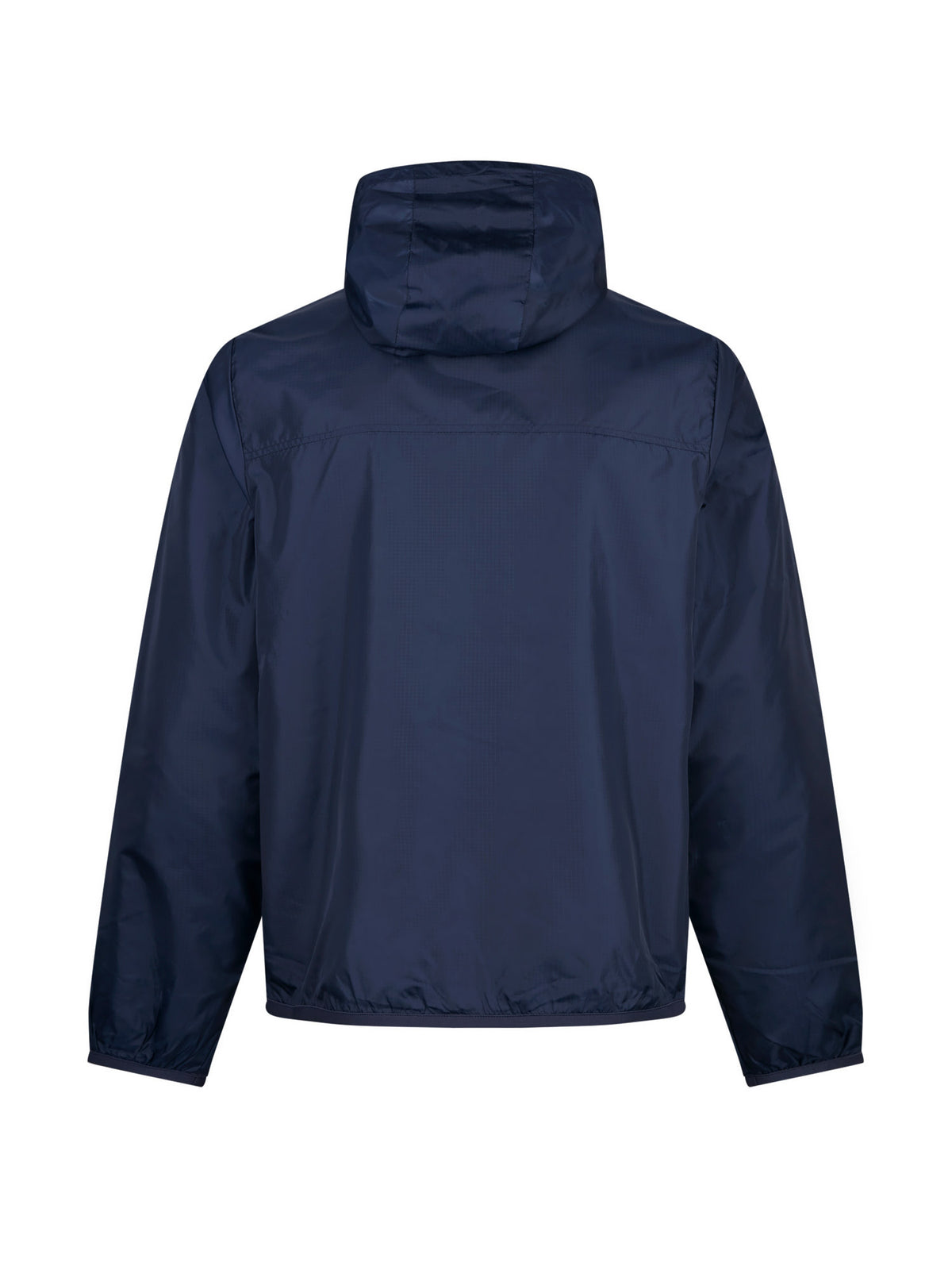 Men's navy jacket with zip-up front, back view
