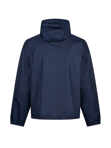 Men's navy jacket with zip-up front, back view