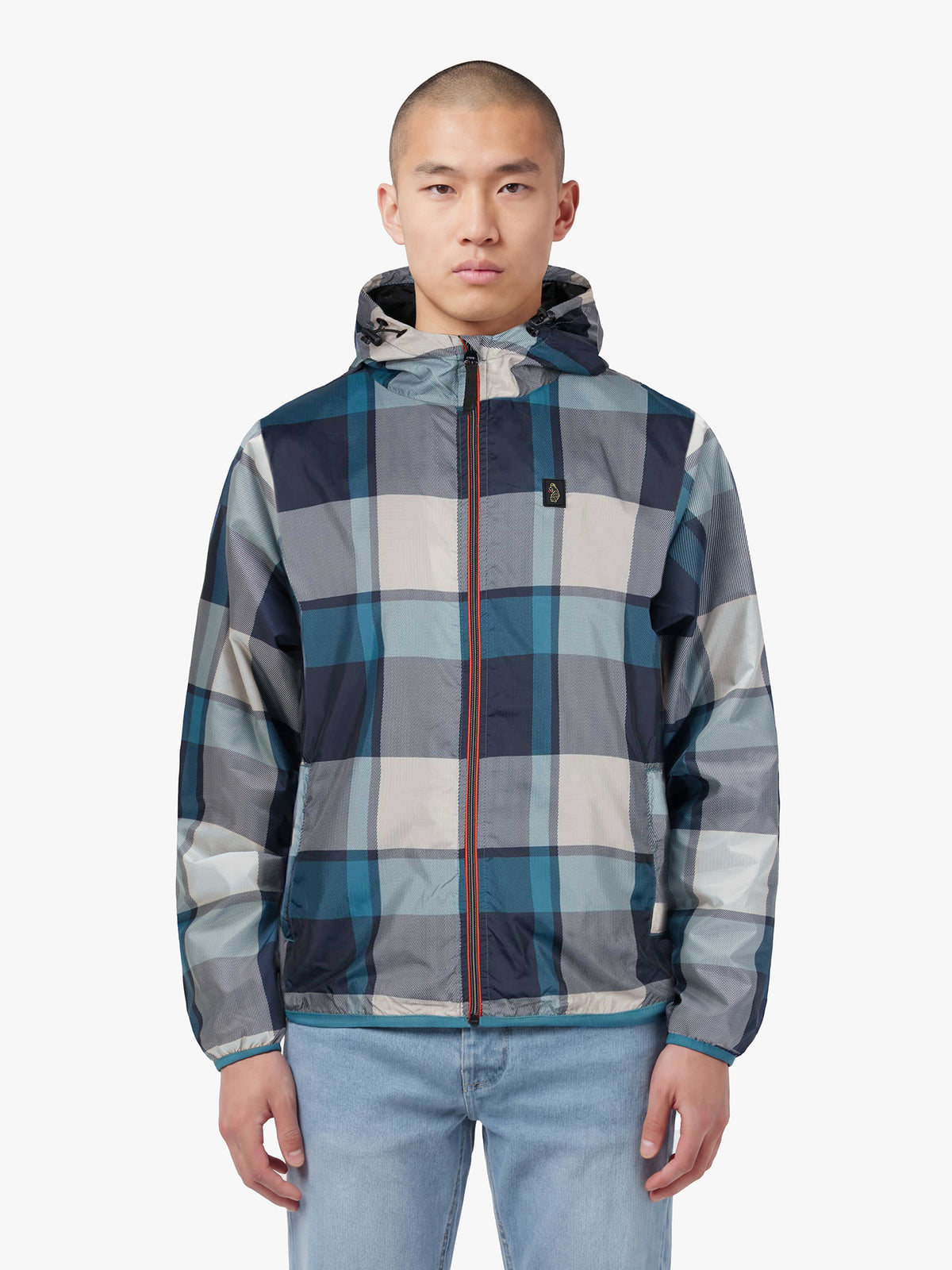 Men's blue jacket with zip-up front, front view