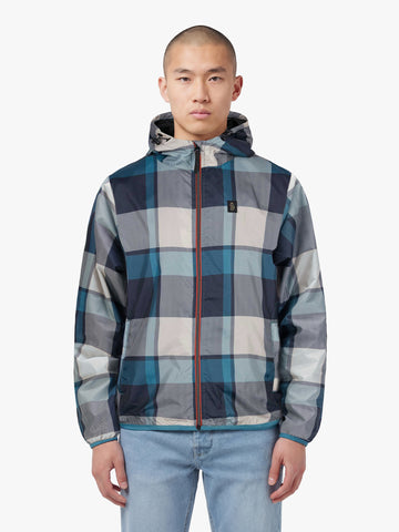 Men's blue jacket with zip-up front, front view